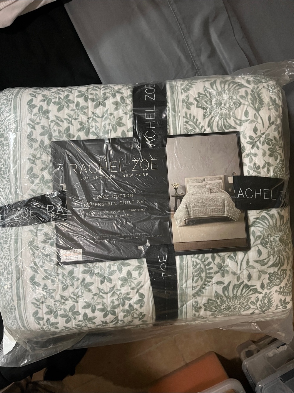 Rachel Zoe White and Green Floral Reversible Quilt Set